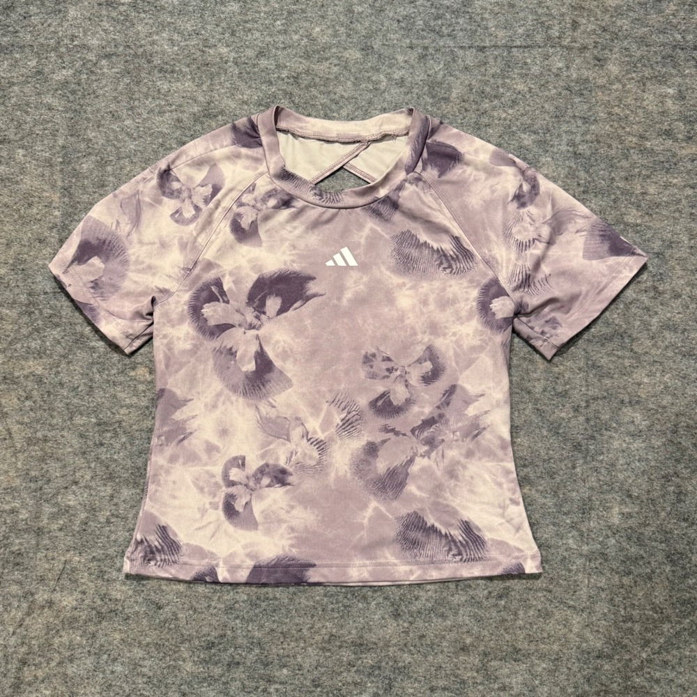 Adidas Floral Open Back Training Tee Womens XS Purple Slim Fit Aeroready Shirt